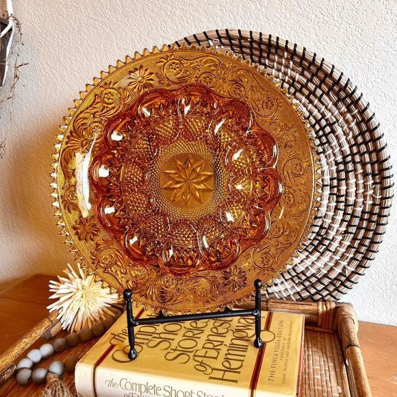 Vintage Amber Tiara Glass Saw Tooth Edge Egg Platter Marigold Carnival Glass - Picture 1 of 5